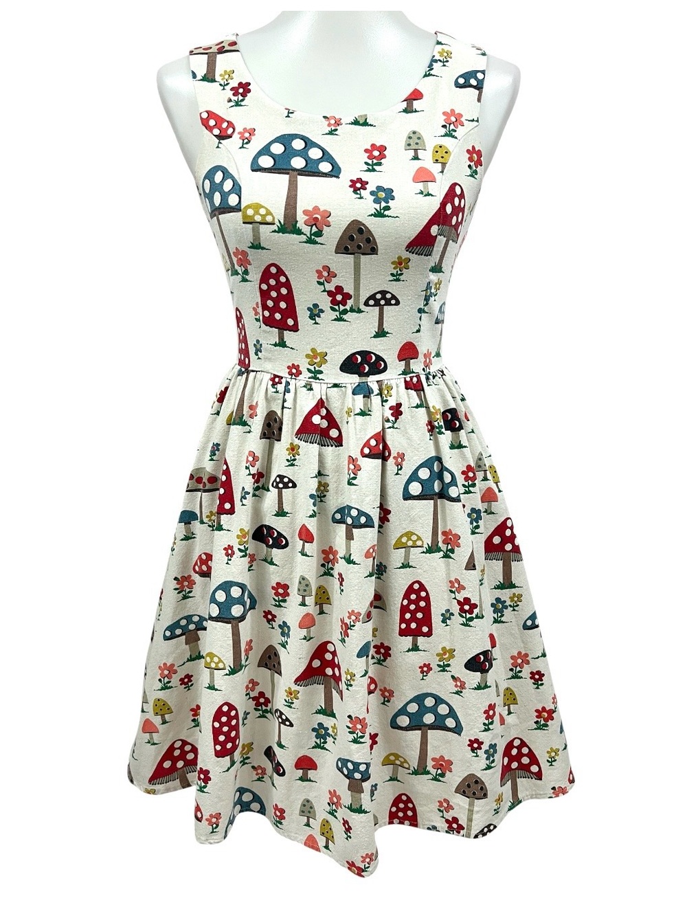 Tulip B Modcloth Retro Whimsical Mushroom Sleeveless Linen Cotton Pocket Dress